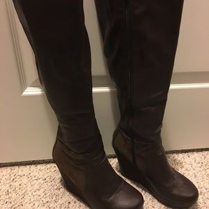 Brown wedge knee high boots